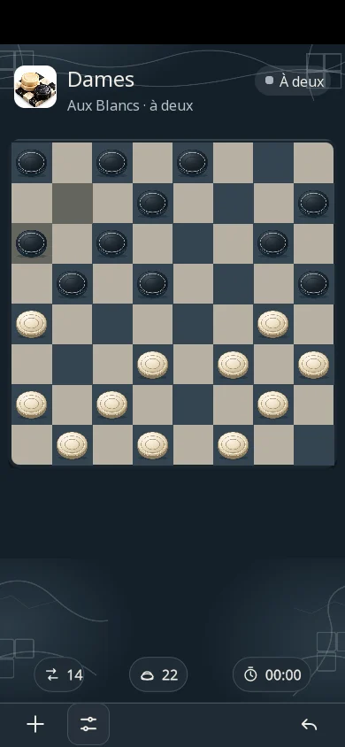 Partie en cours sur téléphone en thème sombre : cases graphite et grises, pions clairs et foncés, barre d’outils en bas.